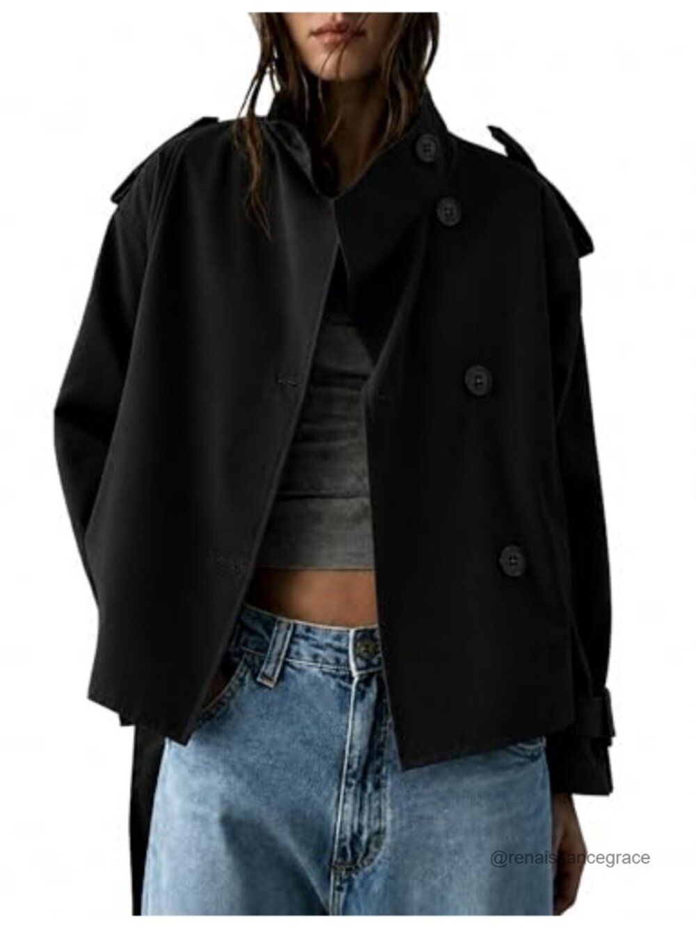 Vintage Cropped Trench Coat Belted Stand Collar Jacket Pockets Women Outerwear